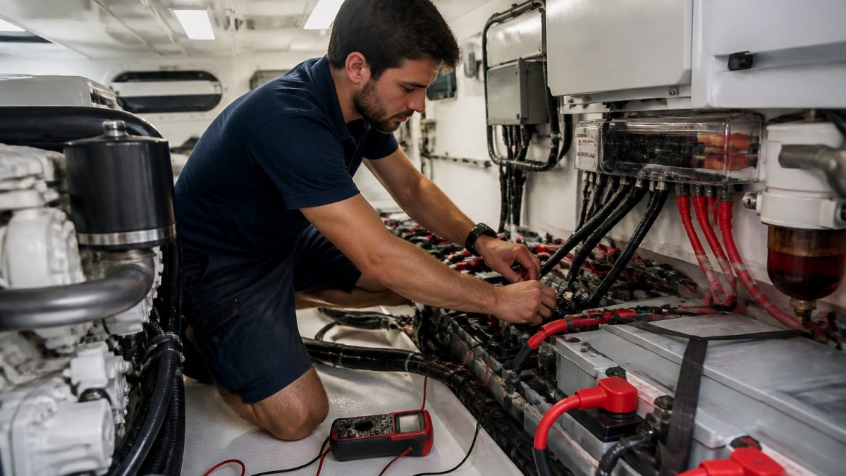 Marine technician in engine room working on yacht electrical wiring and battery system installation, with battery boxes, cables, and testing equipment visible, bright work lights overhead