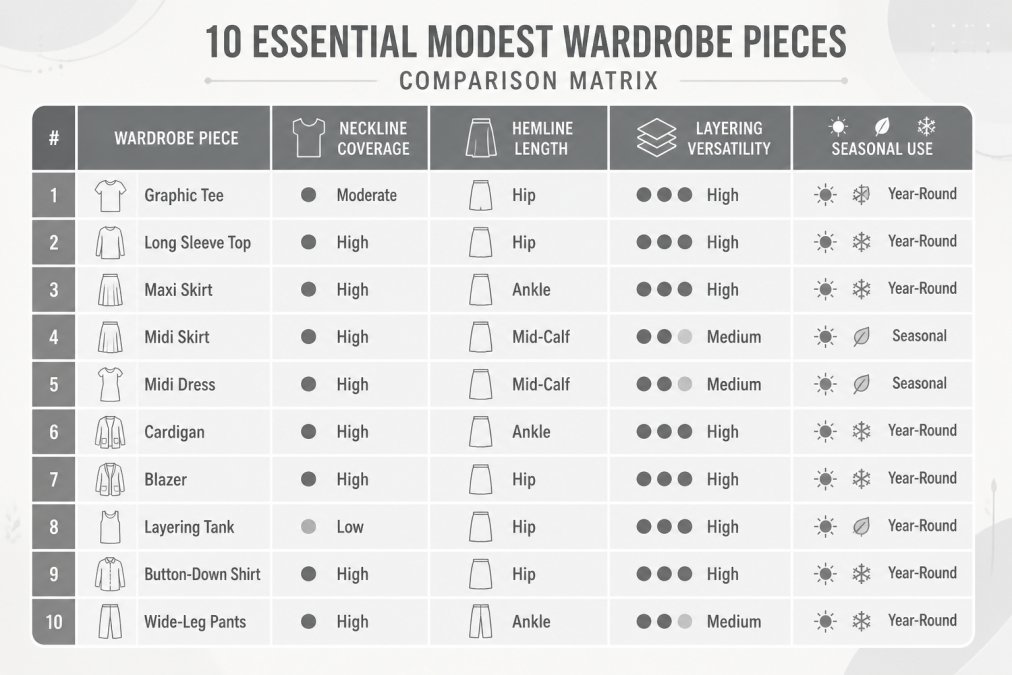 Comparison matrix showing 10 essential modest wardrobe pieces including graphic tees, long sleeves, maxi skirts, cardigans, blazers, and layering tanks with columns for neckline coverage (high/moderate/low), hemline length (knee/mid-calf/ankle), layering versatility (high/medium/low), and seasonal use (year-round/seasonal)