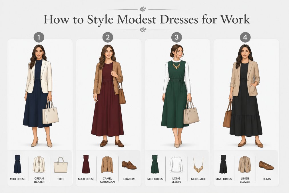 Visual styling guide showing 4 professional outfit combinations using modest midi and maxi dresses: Combination 1 - navy midi dress with cream blazer and structured tote; Combination 2 - burgundy maxi dress with camel cardigan and loafers; Combination 3 - forest green midi dress with white long-sleeve underneath and statement necklace; Combination 4 - black maxi dress with tan linen blazer and professional flats