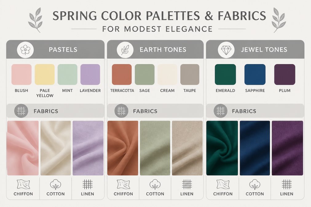 Color palette matrix showing spring hues for modest fashion: pastels (blush, pale yellow, mint, lavender), earth tones (terracotta, sage, cream, taupe), and jewel tones (emerald, sapphire, plum) with fabric recommendations (chiffon, cotton, linen) for each