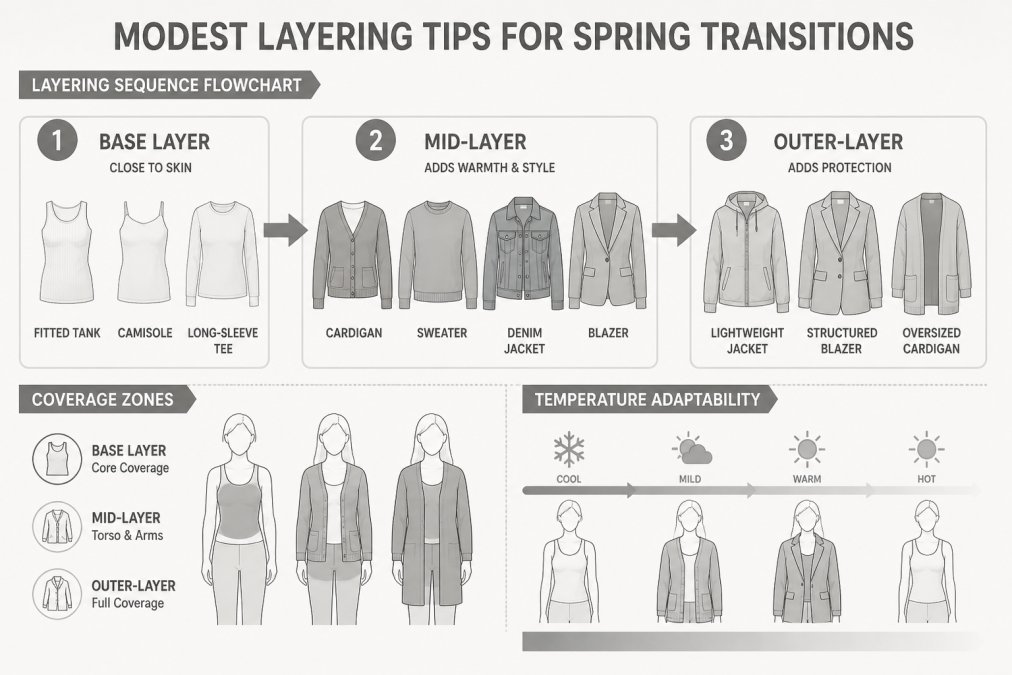 Layering sequence flowchart showing spring outfit combinations: base layer (fitted tank, camisole, long-sleeve tee in neutrals), mid-layer (cardigan, sweater, denim jacket, blazer), outer-layer (lightweight jacket, structured blazer, oversized cardigan) with coverage zones and temperature adaptability