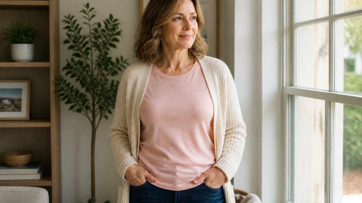 Woman over 40 wearing a modest Christian graphic tee in soft pink, layered with a cream cardigan and paired with dark jeans, standing confidently in natural window lighting with a warm, composed expression