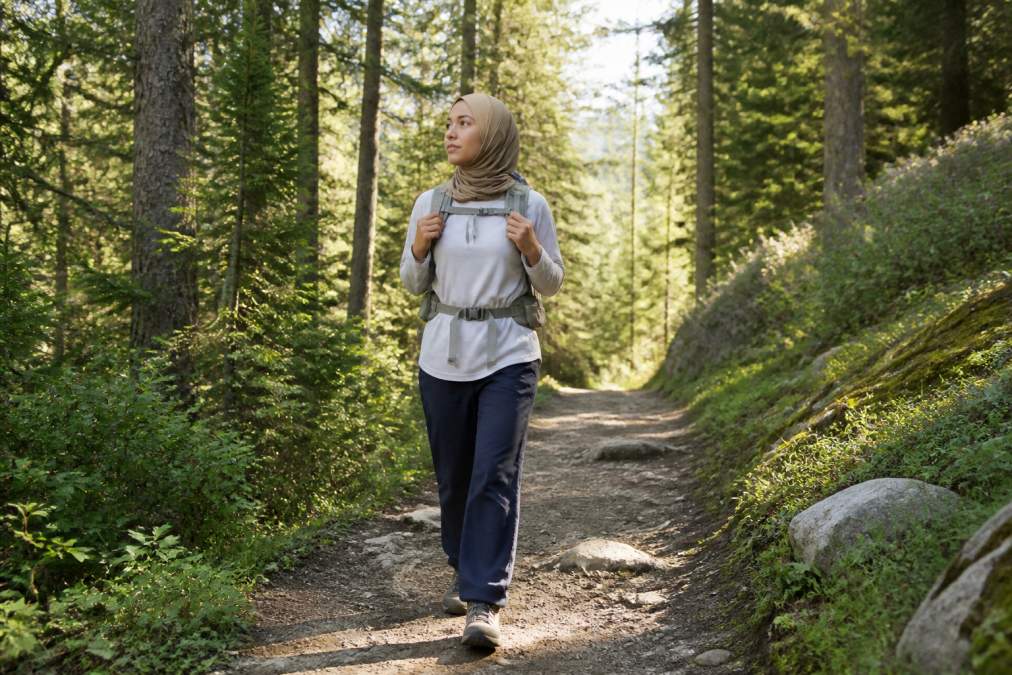 A woman in modest long-sleeve hiking apparel and loose pants walking a sunlit forest trail with a daypack, mid-stride, looking ahead