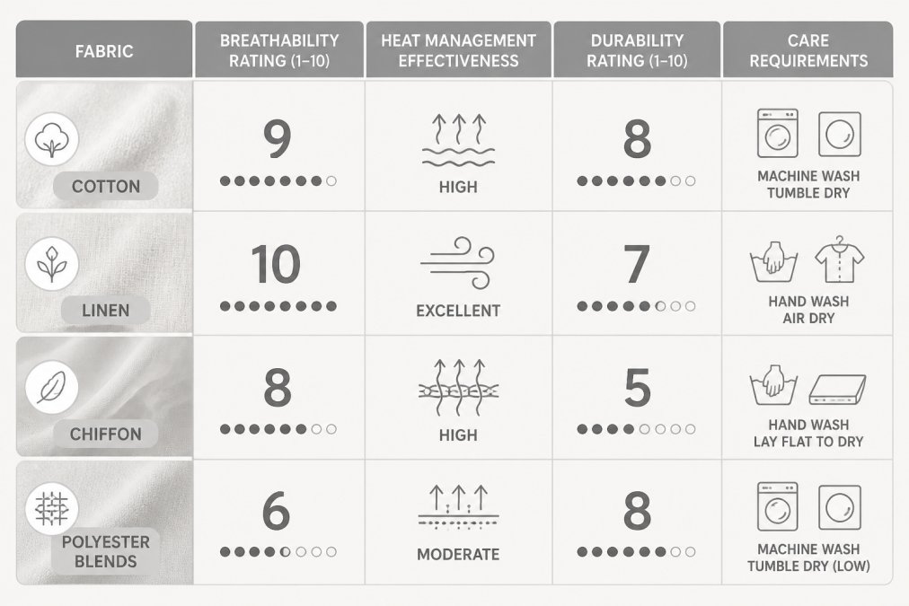 Comparison matrix showing fabric types (cotton, linen, chiffon, polyester blends) with breathability rating (1-10 scale), heat management effectiveness, durability rating, and care requirements for each