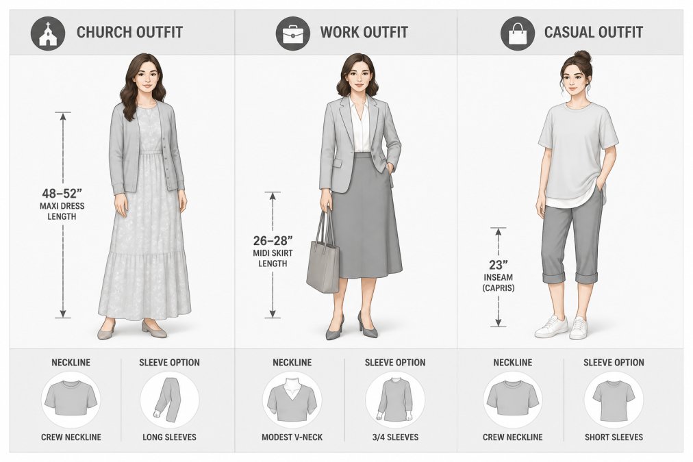 Visual breakdown of 3 complete outfit combinations with specific measurements: church outfit (maxi dress 48-52 inches length + cardigan, crew neckline, long sleeves), work outfit (midi skirt 26-28 inches length + fitted blouse, modest v-neck, 3/4 sleeves + blazer), casual outfit (capris 23-inch inseam + layered oversized tee, crew neck, short sleeves). Show hemline lengths, neckline coverage, and sleeve options for each