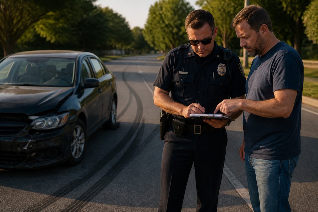 Police officer reviewing an accident report with a driver to assess comparative negligence after a car crash.