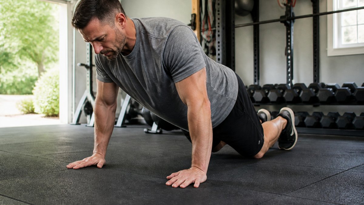Close-up of an athletic man performing a modified push-up on a gym floor with hands positioned slightly outside shoulder width, wrists stacked under elbows, demonstrating neutral grip and proper elbow tracking