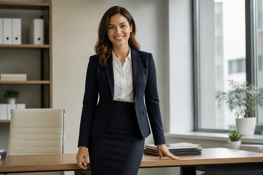 Eine Frau in einem eleganten, strukturierten Blazer mit Hemdbluse und Bleistiftrock, die in einem hellen, modernen Büro an einem Schreibtisch steht und lächelt