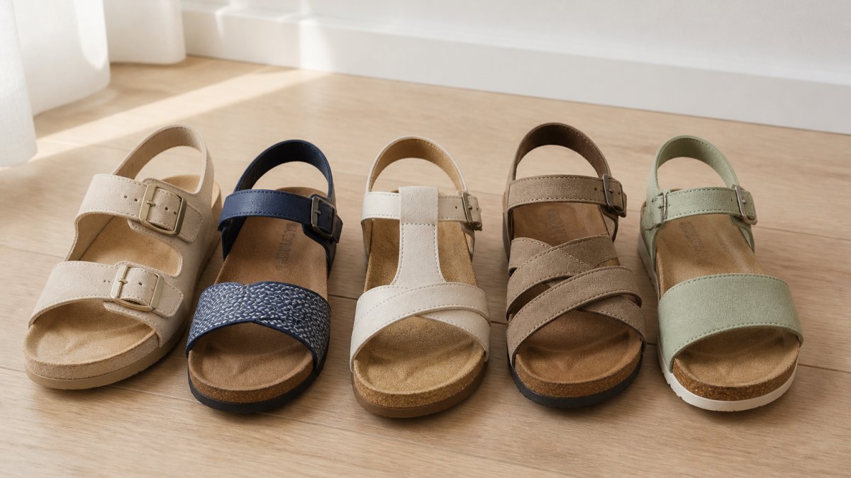 Nahaufnahme von fünf verschiedenen orthopädischen Sandalen für Damen, aufgereiht auf einem hellen Holzboden, weiches Tageslicht von der Seite, Fokus auf Fußbett und Riemen