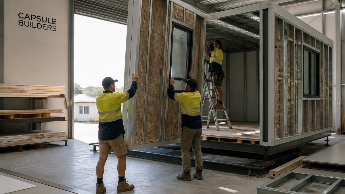 A steel-framed modular granny flat under construction inside a factory, workers in high-vis gear guiding a wall panel into place, natural light streaming through large roller doors