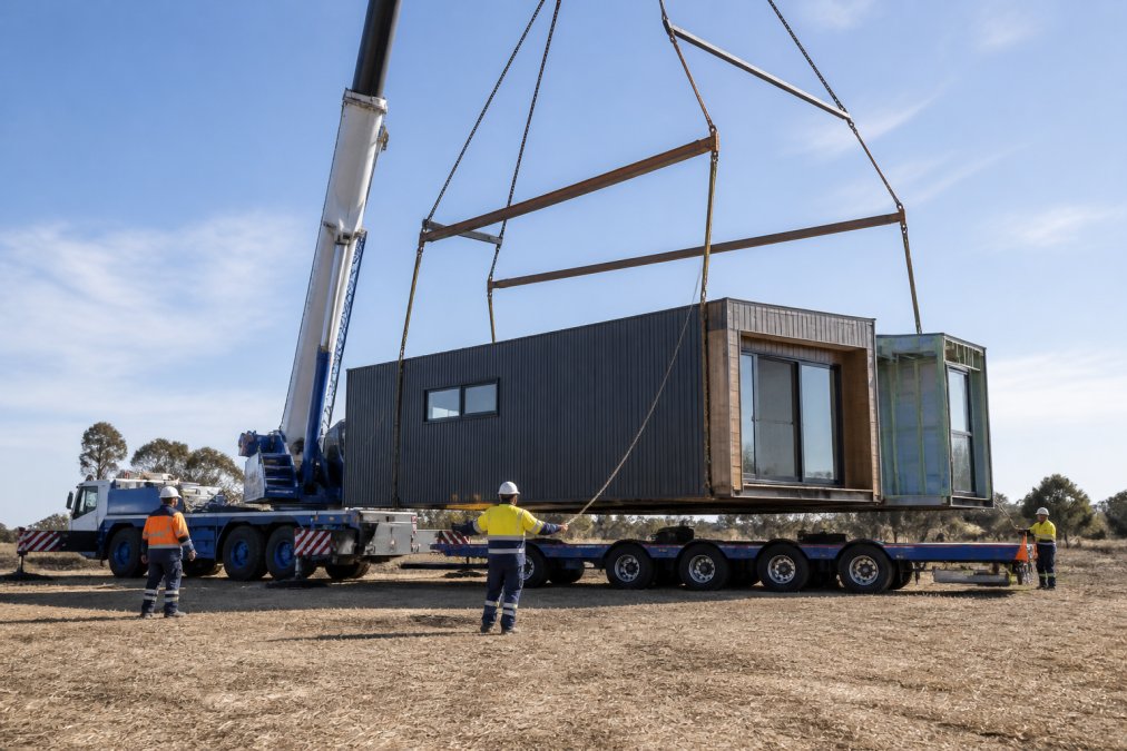 A wide shot of a modular home module being lifted by a crane onto a truck for transport, with workers in high-visibility gear guiding the load on a clear day in a rural setting