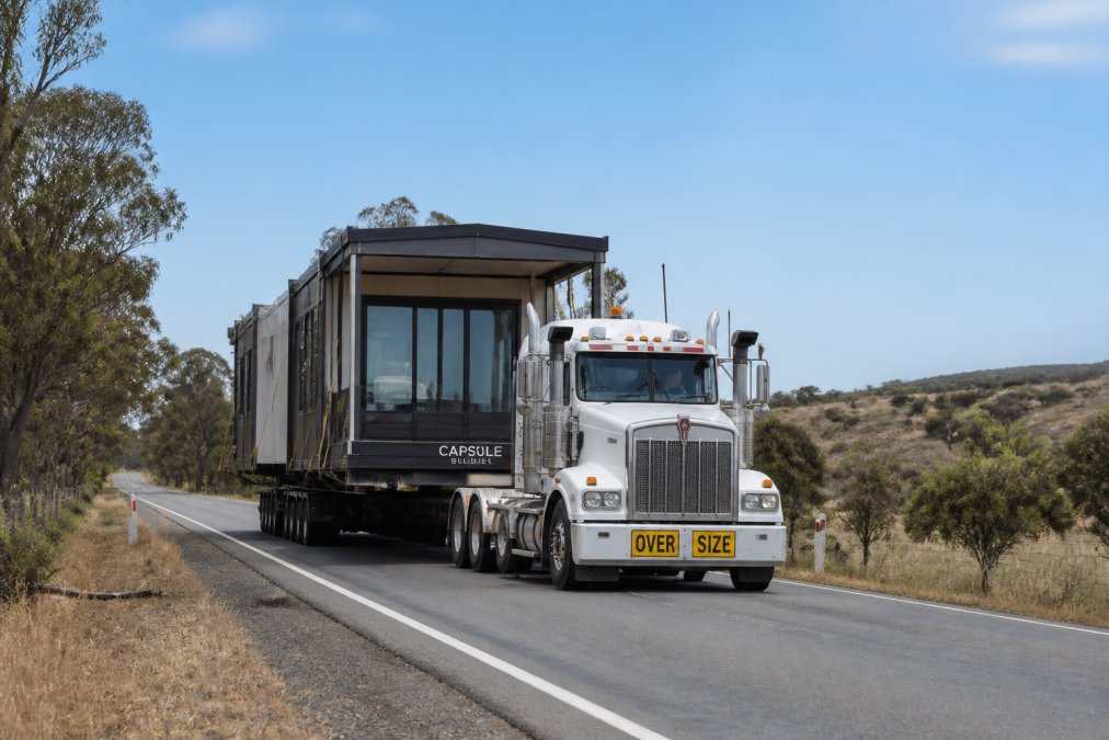Modular home modules secured on a heavy-haulage truck navigating a rural road with clear sightlines, showing road width and overhead clearance with surrounding landscape visible