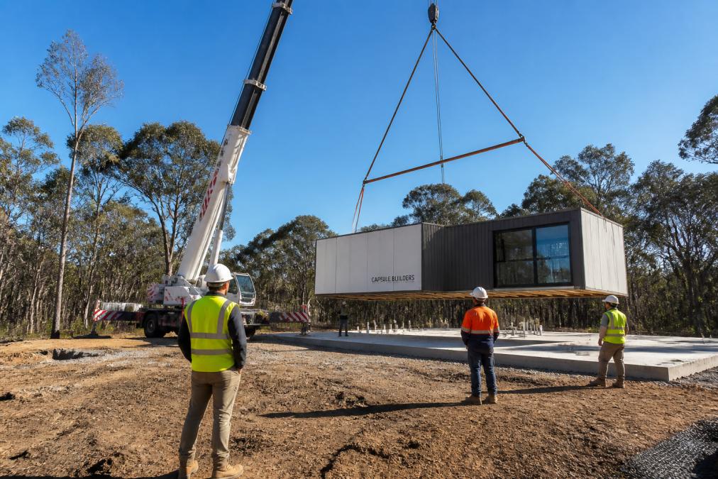 Mobile crane positioning modular home sections onto a prepared foundation with surrounding cleared site space visible, safety personnel in high-visibility clothing in frame, and prepared ground surface
