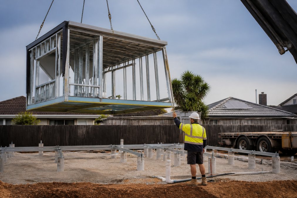 A crane lifting a steel-framed section for a modular home vs kit home build onto residential footings