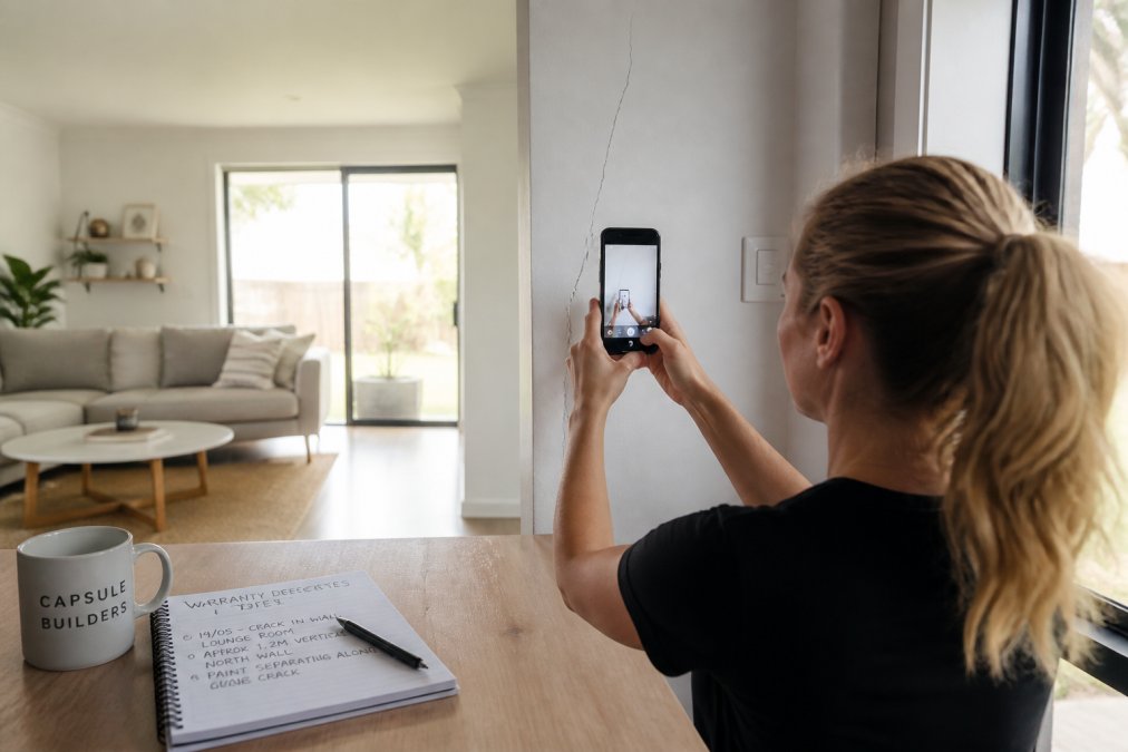 A homeowner in a bright modular home interior photographing a crack in a wall with a smartphone, with a notepad and pen on a nearby table showing handwritten notes and dates