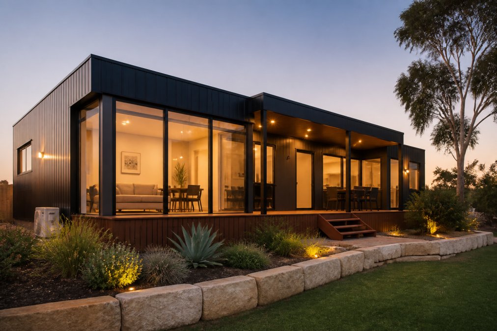 A newly completed steel-framed modular home on a landscaped block, photographed at dusk with warm interior lighting visible through large windows