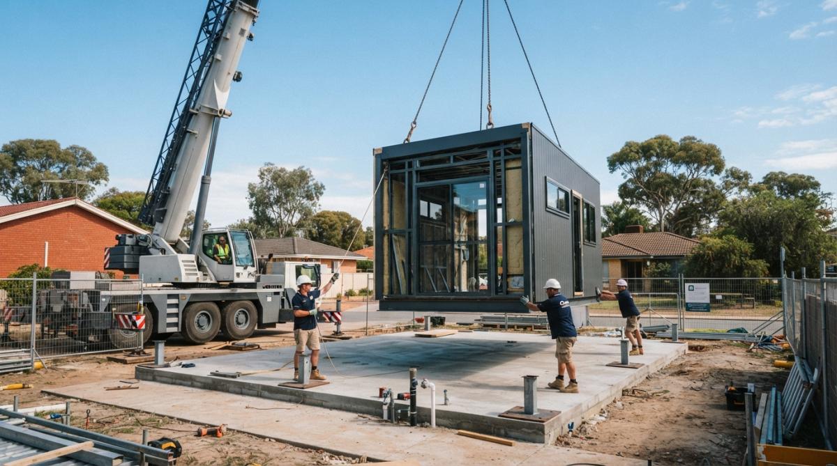 A steel-framed modular home module being lifted by crane onto a prepared foundation on a compact suburban block in Western Australia, clear blue sky, builders guiding the placement