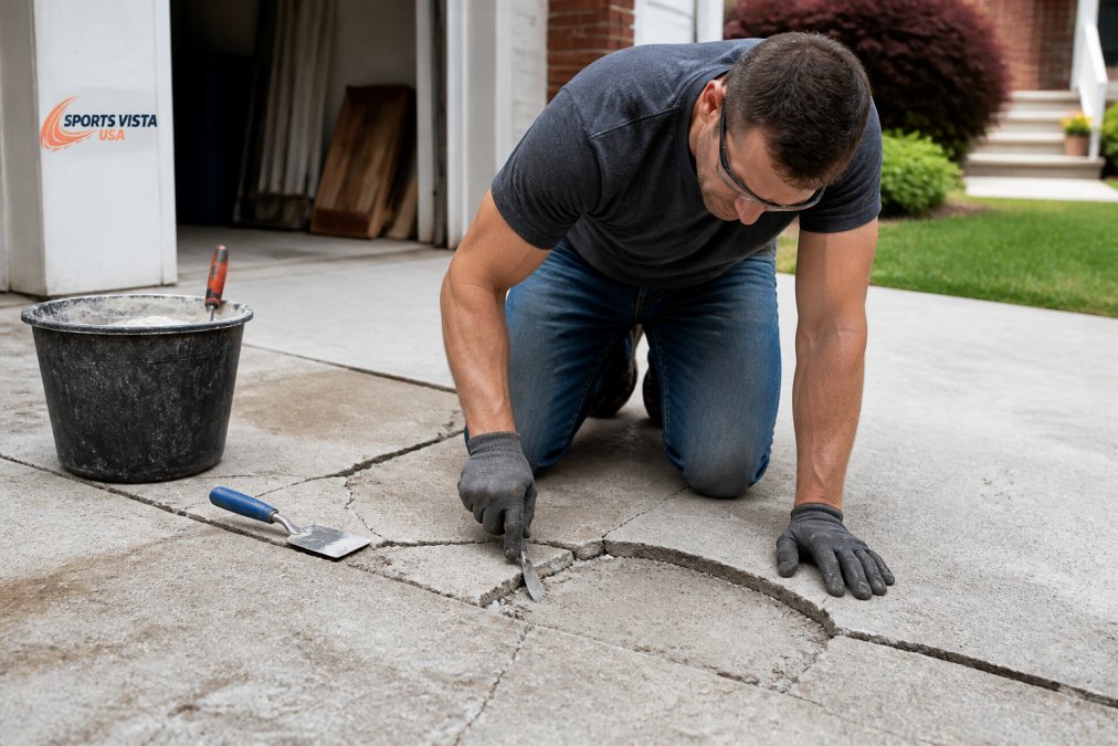 Homeowner preparing a residential driveway surface with concrete patching tools, showing cracks and uneven sections being evaluated before modular tile installation begins