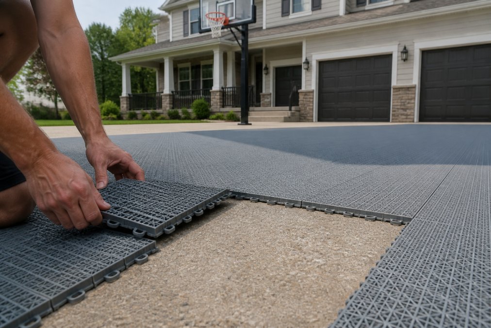 Hands interlocking modular floor tiles together on a driveway, showing the interlocking mechanism and progressive tile placement in progress with a residential home in background