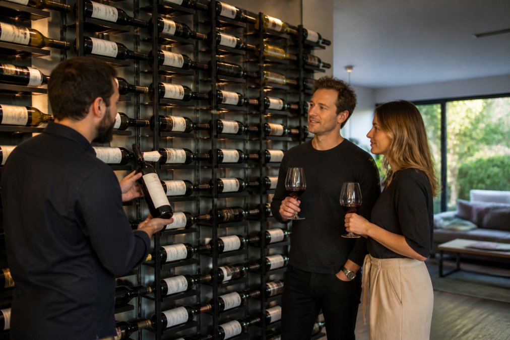 Contemporary wine display wall featuring matte black modular steel racks holding bottles with visible labels in a modern living room with warm ambient lighting