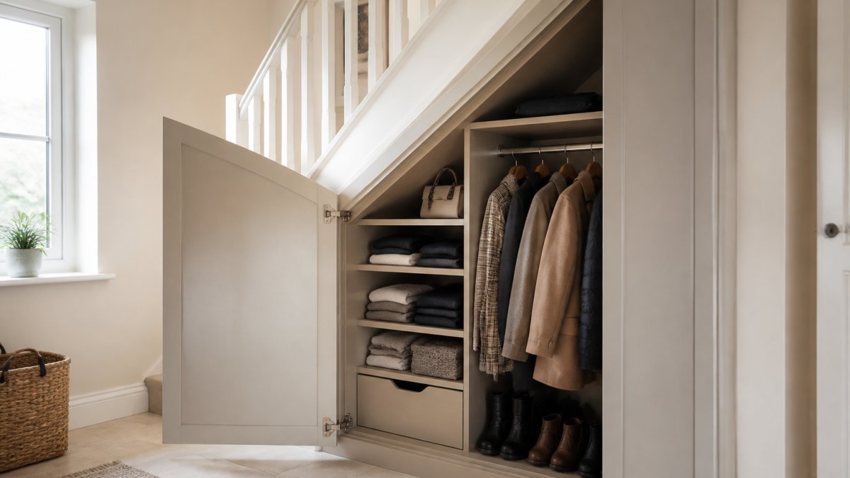 Diagram showing how modular vs bespoke wardrobes maximize storage in an understairs alcove with a sloped ceiling.