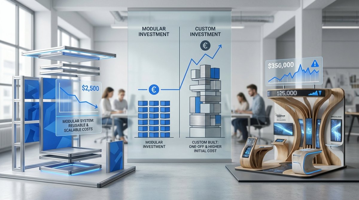 A side-by-side comparison of a modular exhibition stand and a custom-built exhibition stand.