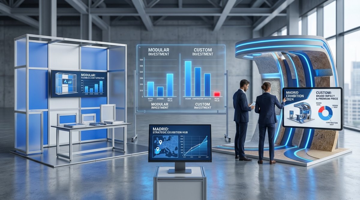 A modular exhibition stand at a trade show in Madrid.