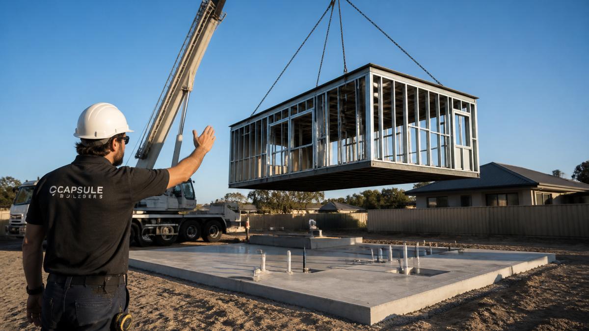 A cleared residential building site with a prepared concrete slab and a crane truck delivering a steel-framed modular unit in the background, with an experienced modular builder in a hard hat directing the placement