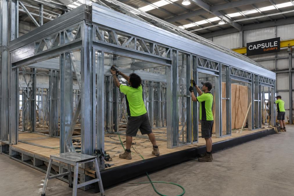Factory workers assembling steel-framed modular sections with precision equipment in a controlled manufacturing environment, showing quality control checkpoints and assembly line processes