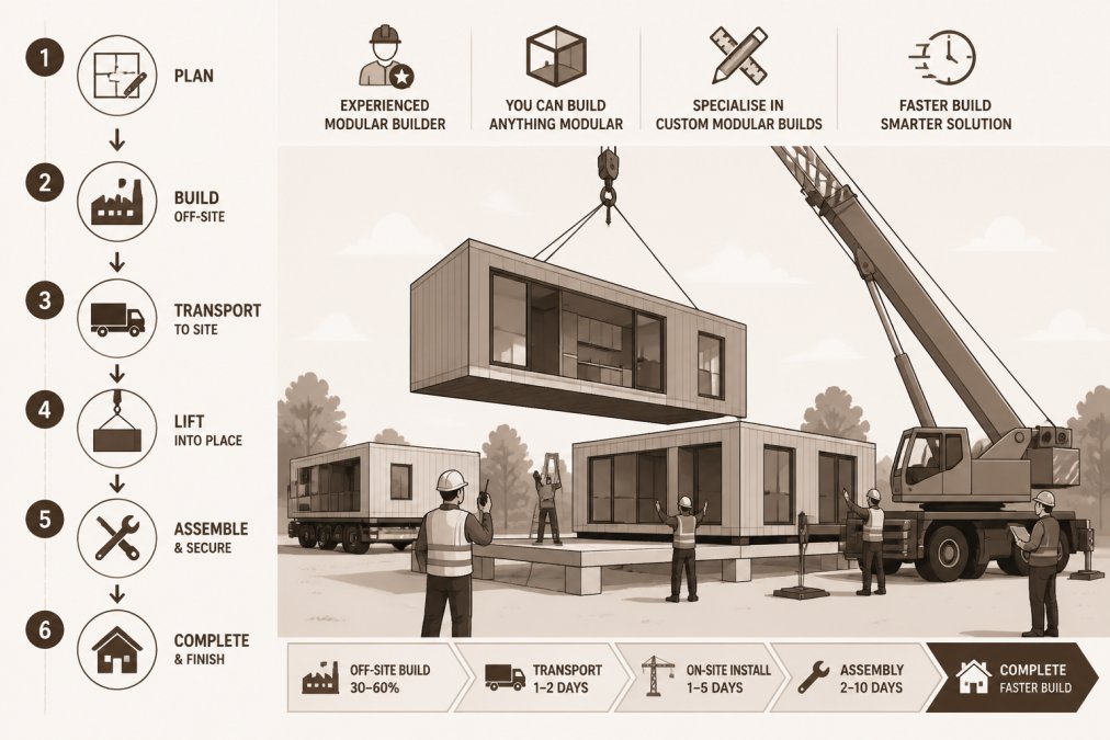 Modular home modules being positioned on-site with crane equipment and assembly crew, showing the logistics and installation coordination process in natural daylight