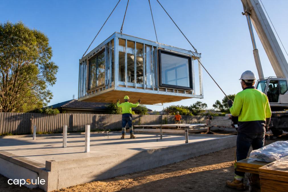 A modern steel-framed modular family home module being lowered into place by a crane on a prepared suburban suburban block in Western Australia, bright morning light, builders guiding the module