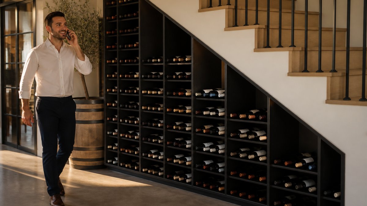 Matte black wine racks arranged in a stepped pattern under a staircase in a modern, sunlit home interior.