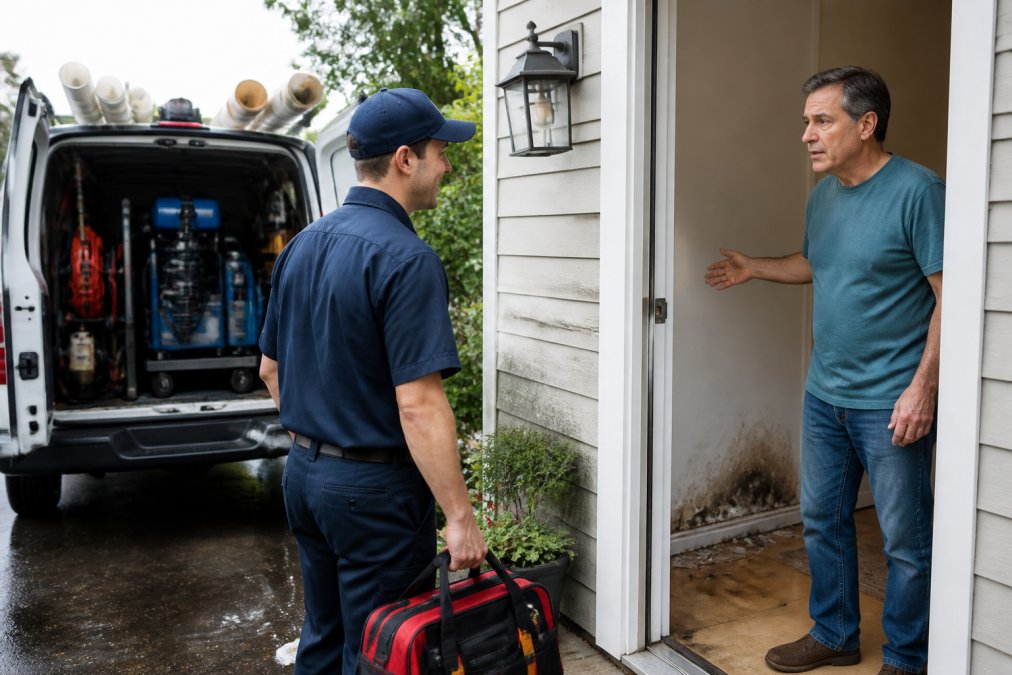 Licensed plumber in uniform arriving at residential home with service van and diagnostic equipment, homeowner greeting them at front door with visible water damage concern