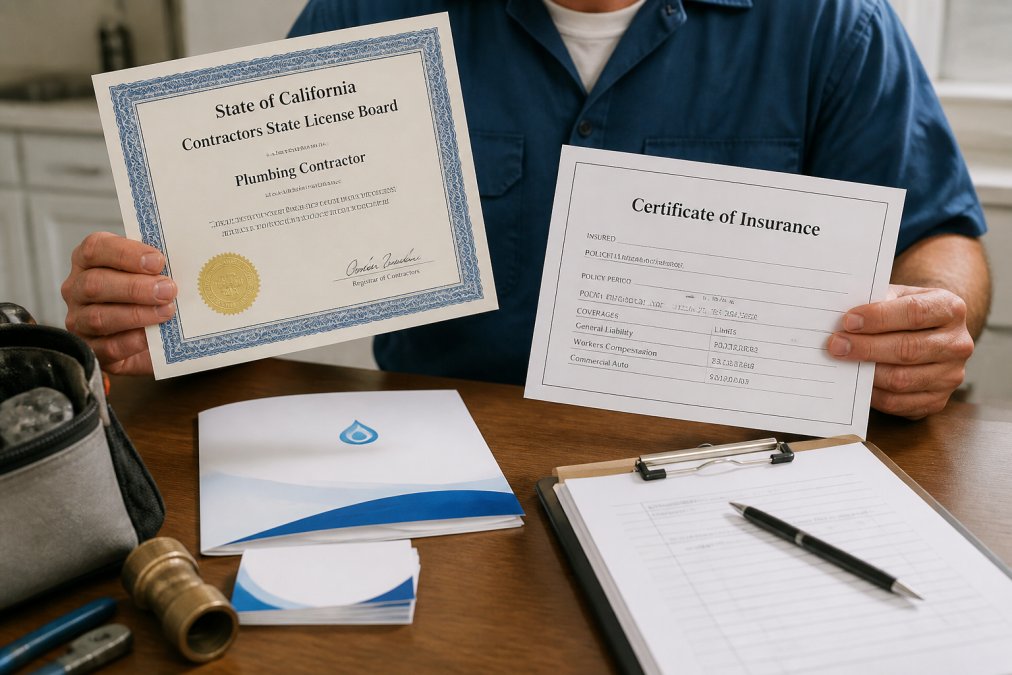Close-up of plumber's hands holding licensing certificate and insurance documentation, professional credentials clearly displayed on desk with company letterhead
