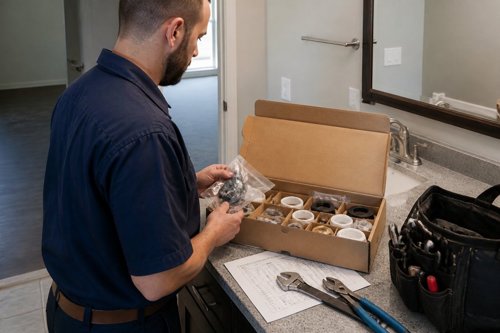 Maintenance technician unpacking a kit of bathroom plumbing repair parts on an apartment countertop