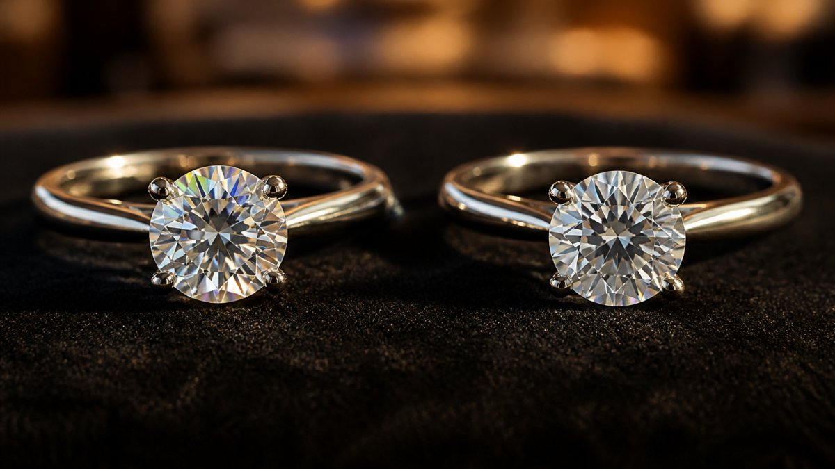 Two round engagement rings on dark velvet reflecting warm light with brilliant sparkle and colored fire flashes