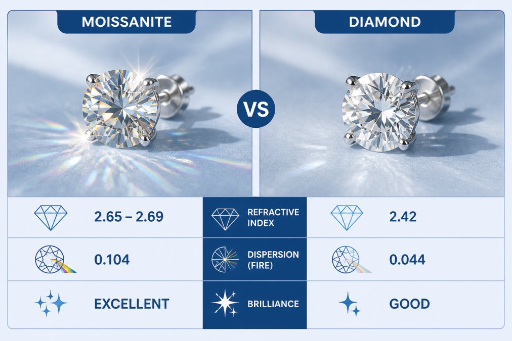 Close-up of moissanite stud earrings catching light in natural sunlight, showing distinctive rainbow fire and brilliant sparkle compared to the subtle gleam of a diamond