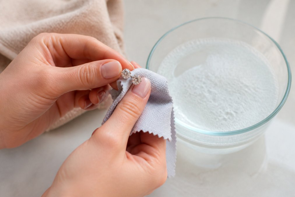 Hands gently cleaning moissanite stud earrings with a soft lint-free cloth over a bowl of warm soapy water, showing proper cleaning technique in natural light