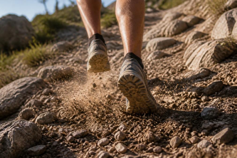 Close-up of a trail runner's feet in motion on a rocky, debris-strewn singletrack path, dust and small gravel kicking up around low-cut socks, late afternoon sun casting long shadows across the terrain