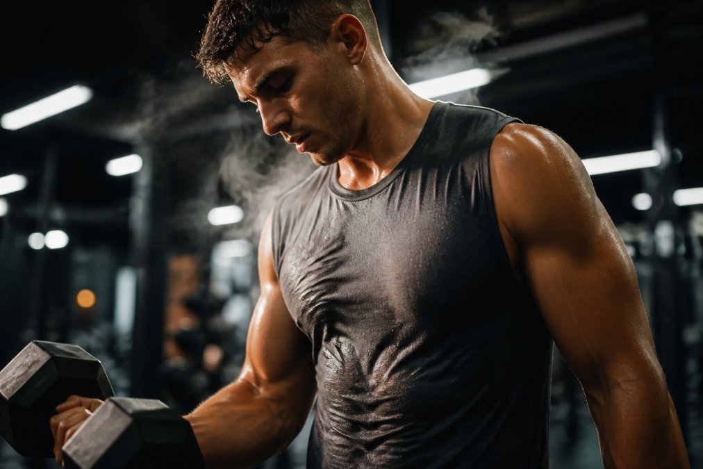 Athlete in a performance training tank mid-workout, sweat visibly evaporating from the fabric surface, gym lighting, focused expression