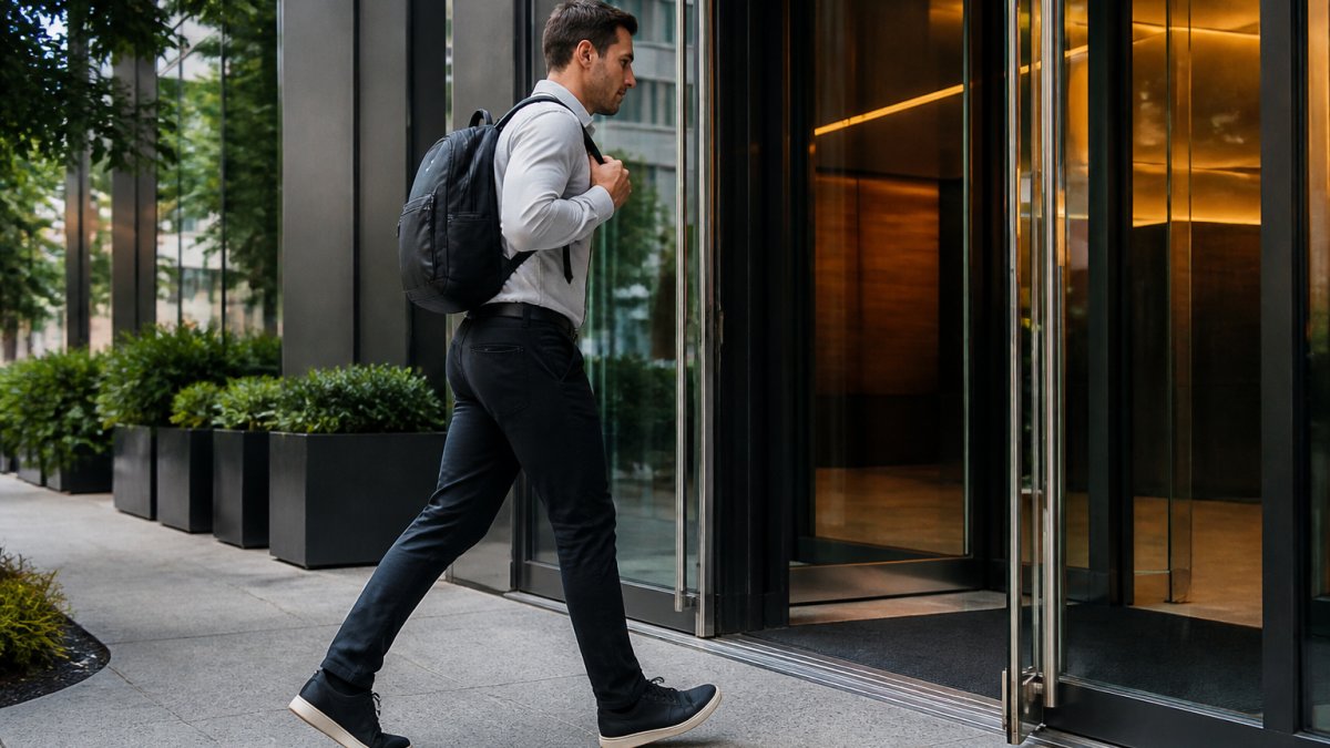 A man in dark performance pants walking from a city sidewalk into a modern office building, wearing a smart casual shirt and carrying a commuter backpack