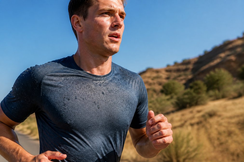 Runner mid-stride wearing moisture-wicking athletic shirt with visible sweat beading on fabric surface, captured in bright daylight showing how moisture sits on the material rather than soaking through