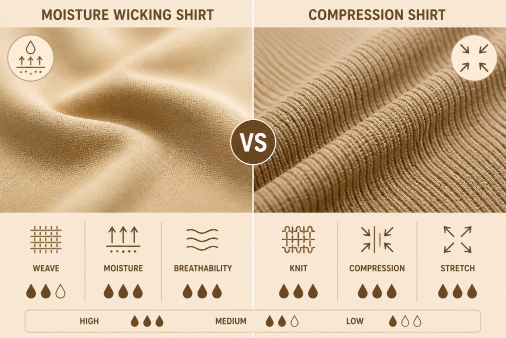 Close-up of two different running shirt fabrics displayed side by side, one showing smooth moisture-wicking weave and one displaying visible compression knit texture, under natural studio lighting