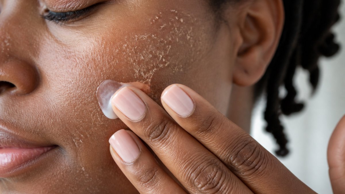 Close-up of melanin-rich skin showing visible dry patches and ashiness on the cheek with a hand applying lightweight moisturizer in natural morning light