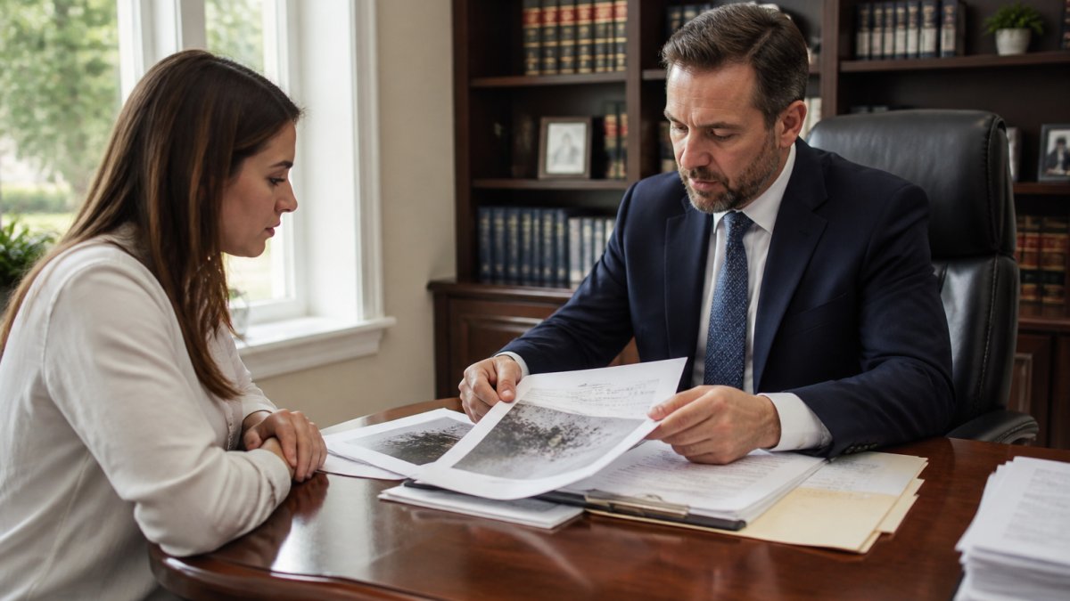 Professional attorney reviewing medical documents and mold assessment reports with client in modern law office, natural lighting from windows