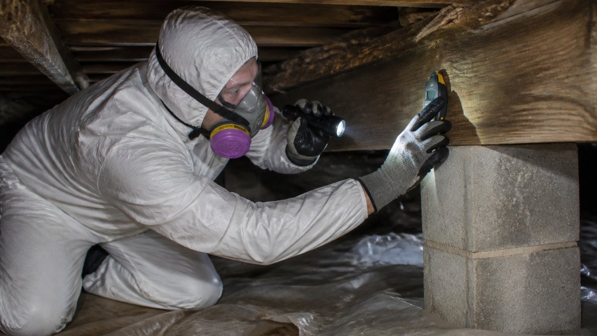 A certified mold inspector in white protective coveralls and a respirator kneeling in a dim crawl space, aiming a flashlight at a floor joist while holding a handheld moisture meter against the wood