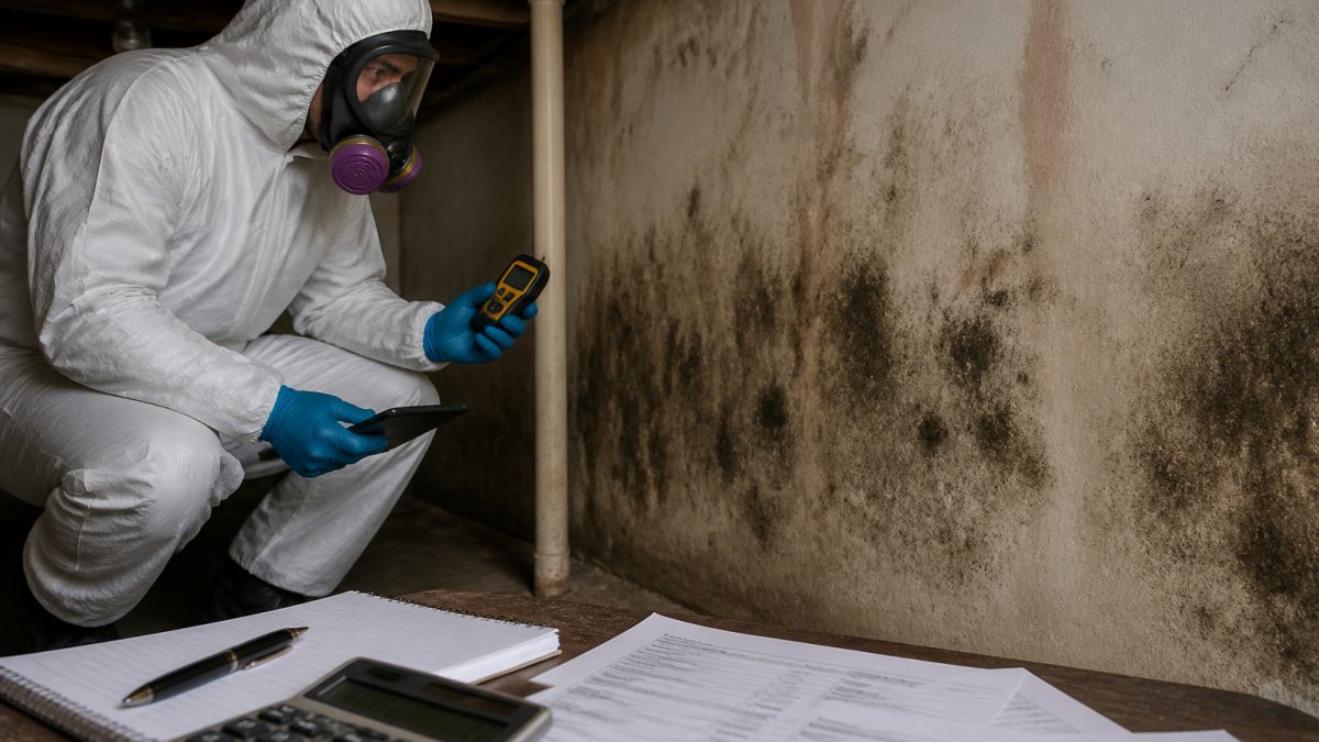 Professional in full protective equipment and respirator inspecting mold growth on basement wall with moisture meter and assessment tools in hand, dim basement lighting