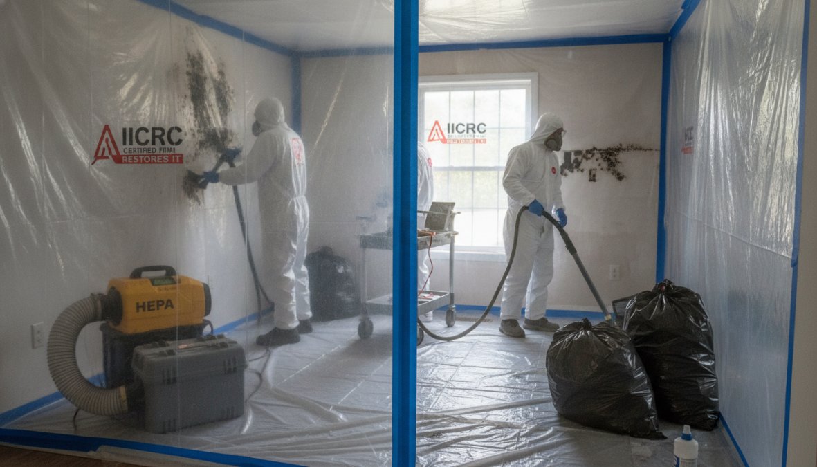 IICRC-certified technician in full protective equipment with respirator and containment barriers performing mold remediation inspection in basement with HEPA equipment visible