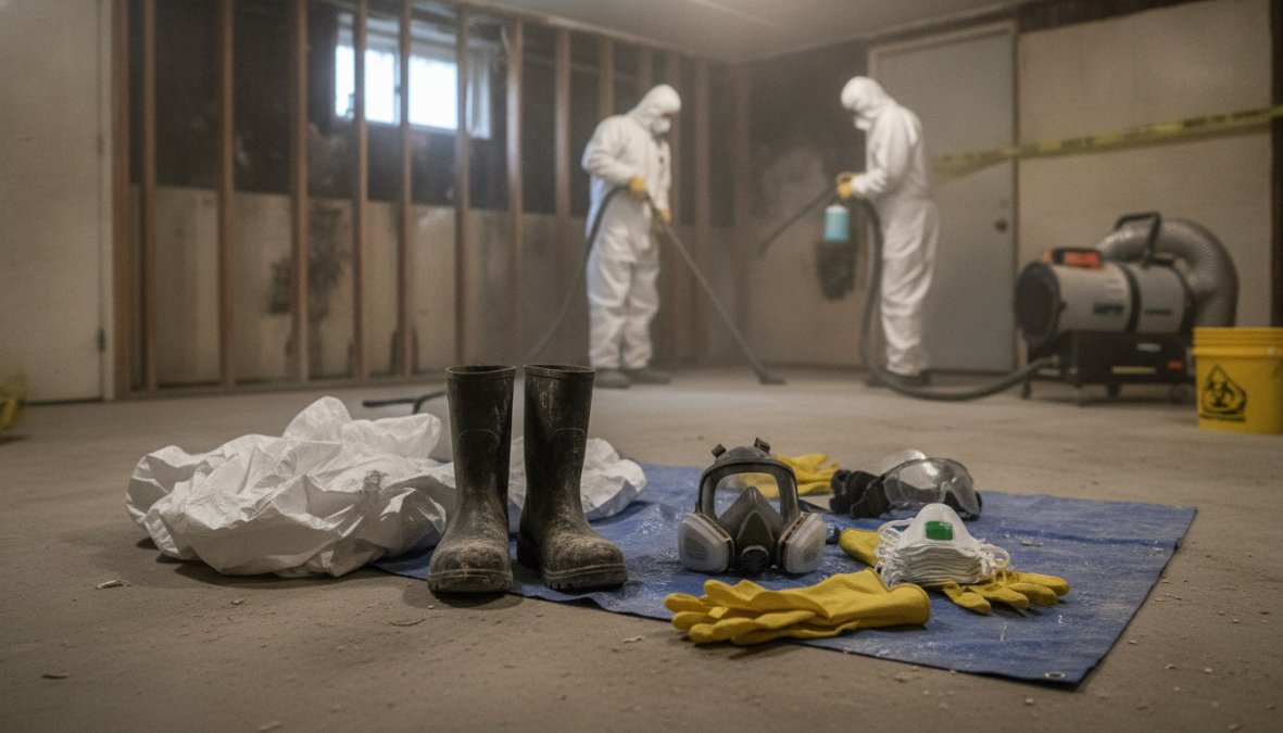 Person wearing full protective equipment including N95 respirator mask, goggles, gloves, and protective suit while preparing for mold remediation work in a contaminated area