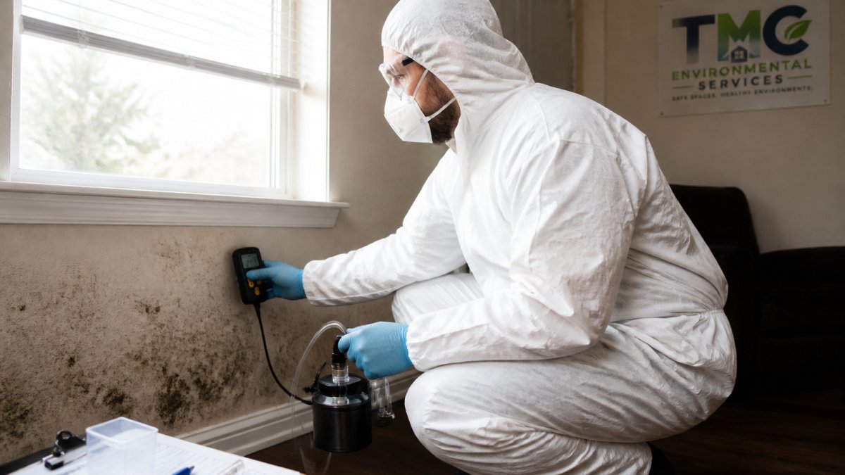 A certified mold inspector in protective gear using a moisture meter and air sampling pump inside a residential home, with visible testing equipment on a clipboard nearby